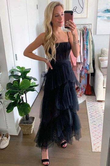 Simple A-Line Layered Tulle Black Prom Dresses, Long Party Dance Dresses HZ1023
